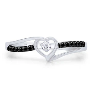 0.10 CT Natural Diamond Black & White Heart Promise Ring 10K Solid Gold - Picture 1 of 42