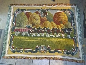 Vintage 70s Budweiser Clydesdale Throw Blanket Tapestry Fringe 46"x60" VG Shape - Picture 1 of 7