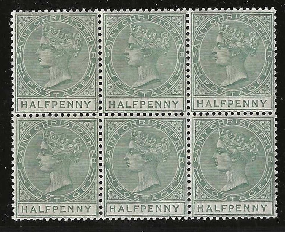 San Cristóbal, 1882, Scott #8, 1/2p verde, bloque de 6, como nuevo, nunca montado Foto 1 de 1