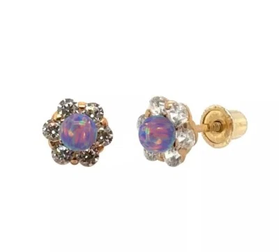14k Yellow Gold Opal Stud Screw Back Earrings with CZ Stones All Colors Gift - Image 1 of 4