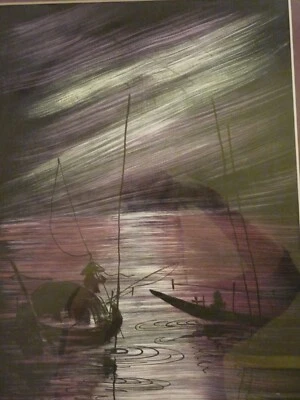 Escena Island Village Dos juncos chinos pintados sobre seda principios de 1900 Foto 1 de 4