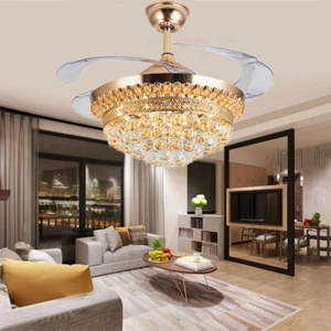 Invisible Ceiling Fan Light LED Chandeliers Remote Control Retractable Blade Fan - Picture 1 of 20