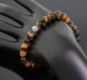 David Yurman 8 mm Tigerauge Silber Welle Akzent Spirituelle Perlen Herren Armband 8 Zoll - Bild 1 von 4