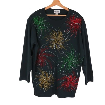 Vintage Women's Black Embellished Beaded Fireworks Knit Tunic Top Size 1X - Image 1 of 4