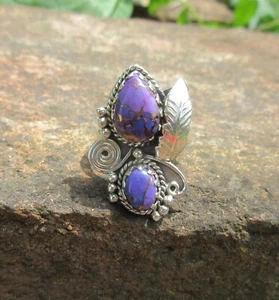 Anello In Turchese Rame Viola Con Motivo Indiano In Argento Sterling 925 Gr 18,4 - Foto 1 di 11