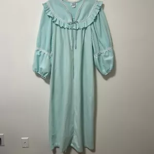 Vintage Housecoat Women Large Aqua Full Zip Ruffle Granny Core Housedress - Picture 1 of 15