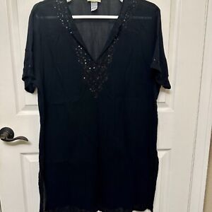 Pineapple Cove 100% Cotton Sequin Beach Cover Up Black 3X