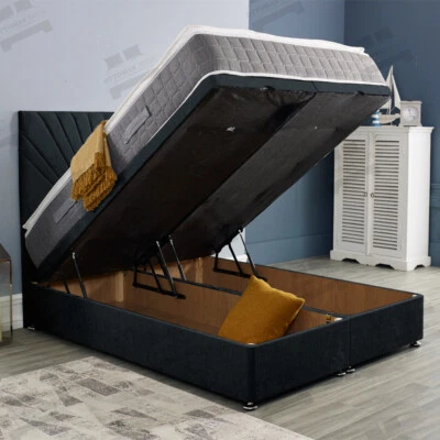 RICHMOND BEDS Plush Velvet Sunrise Design Ottoman Storage Upholstered Bed Frame Base Headboard