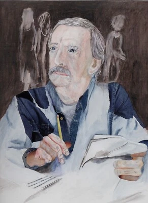 EDWARD ALBEE ДРАМАТУРГ ОРИГИНАЛЬНЫЙ СМЕШАННЫЙ МЕДИА ПОРТРЕТ НА БУМАГЕ В РАМКЕ - Изображение 1 из 2