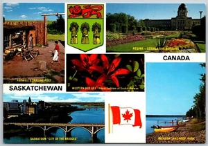 Postal Saskatchewan SK Canadá Multi Vista Escudo de armas Miras de lirio rojo - Imagen 1 de 2