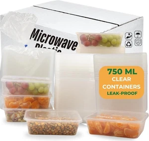 750ml Clear Plastic Microwave Freezer Safe Food Takeaway Containers with Lids - Picture 1 of 3