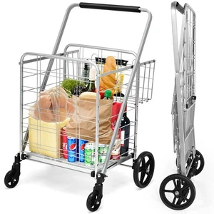 Carro de compras plegable de alta resistencia cesta doble jumbo plateado 330 libras - Imagen 1 de 12