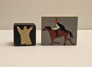 2 Small Decorative Halloween Wooden Blocks Ghost Headless Horseman - Picture 1 of 9