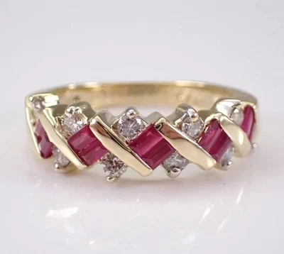 实验室创建的红宝石 1 克拉长方形切割带堆叠婚礼 14K 镀金 — 第 1/4 张图片