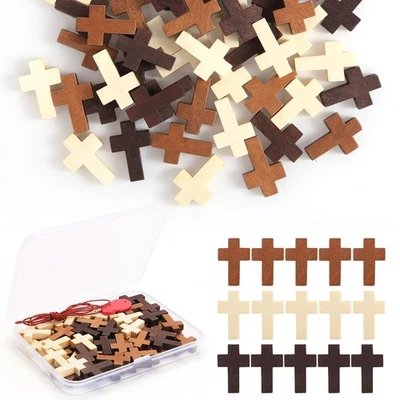 1 Box 50 PCS Small Wooden Cross 3 Colors, Natural Pocket Prayer Crosses Pendants - Image 1 of 4