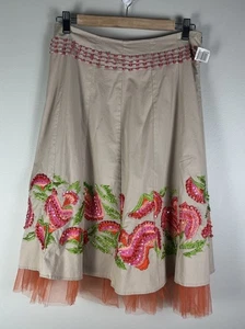BASIL & MAUDE Midi Skirt Embroidered Bead Sequin Beige Cotton Boho Sz 4 NWT - Picture 1 of 5