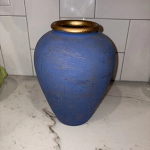 Vase/Topf handbemalt Philippinen blau mit Goldstreifen - Bild 1 von 5