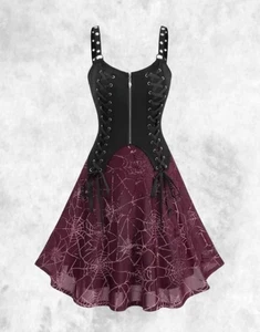 New Gothic Wine Red/Black Cobweb Velvet Flocked Corset Vest Dress size 2XL 14 16 - Picture 1 of 5