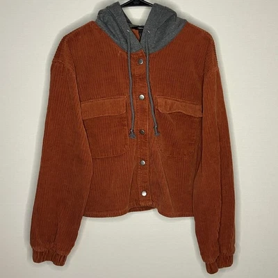 Chaqueta con Capucha Forever 21 Pana Naranja Óxido Gris Botón a Presión Mujer Mediana Foto 1 de 4