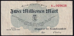 Billete de papel moneda antiguo de emergencia Alemania Berlín 2 millones de marcos 1923 F - Imagen 1 de 2