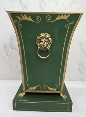 TOLE DE METAL VERDE CACHÉ/CESTA DE BASURA ESCENA DE CAZA DE ZORROS Y MANGO DE LEÓN Foto 1 de 4