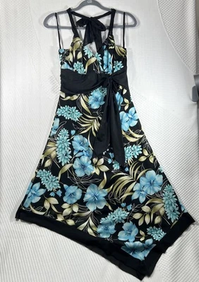 Y2K Trixxi Midi Dress M Halter Top Blue Green & Black Floral Handkerchief Hem#14 - Image 1 of 4