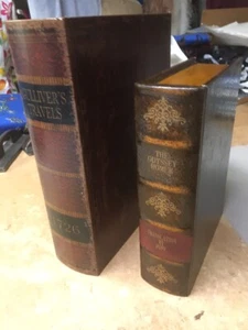 VINTAGE 2 WOOD ANTIQUE LEATHER BOUND BOOK LOOK BOXES GULLIVERS TRAVELS & ODYSSEY - Picture 1 of 10