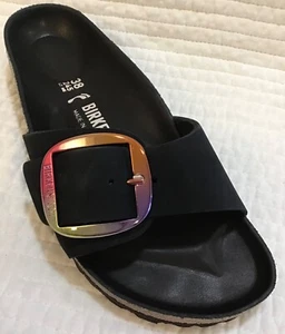 BIRKENSTOCK MADRID BIG BUCKLE NUBUCK LEATHER BLACK IRIDESCENT BUCKLE 38 L7N - Picture 1 of 11