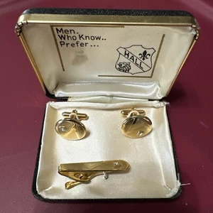 Vintage HALL Manschettenknöpfe und Krawatte Tac/Verschluss Set, gold Metall, goldfarben - Bild 1 von 6
