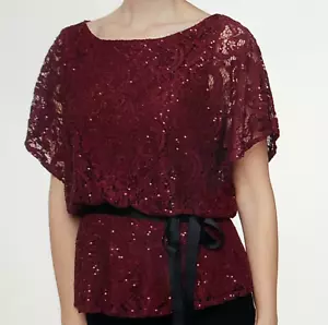 alex evenings sequined lace top blouse wine L or XL - Picture 1 of 5