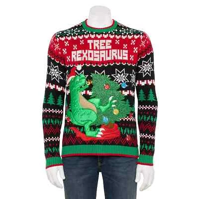 Mens Ugly Christmas Dinosaur Tree Rex Sweater Santa Fun Novelty Party - NWT - Image 1 of 2