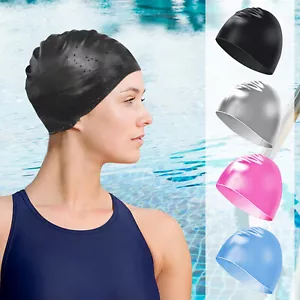 Silikon Badekappe reine Farbe wasserdicht Bade Strandmütze für Männer Frauen USA - Bild 1 von 20