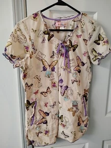 Koi 2 Pocket Butterflies/Postage Stamps Scrub Top Size S - Picture 1 of 1