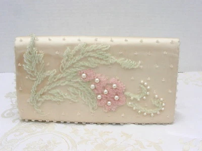  Sweet Vtg 奶油离合器珍珠和串珠粉色和浅绿色包钱包婚礼 — 第 1/4 张图片
