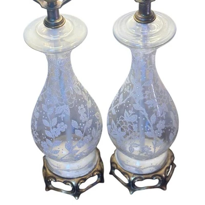 1950's Vintage White Lamp N.Y. Floral Etched Glass Boudoir Table Lamps Pair - Image 1 of 4