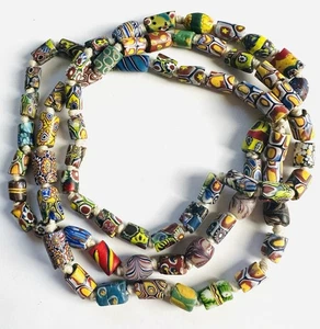 VTG Venetian Boho Trade Beads Mixed Small African Millefiori Feather Eye 40.5” - Picture 1 of 9