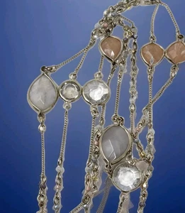 LOFT Station Necklace Gold Tone Bezel Set Crystals & Gemstones Peach White 40" - Picture 1 of 22