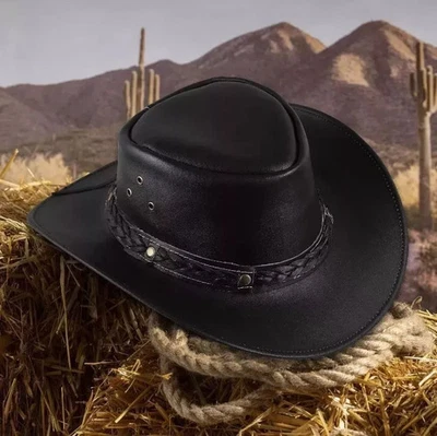 Sombrero de vaquero de cuero genuino estilo occidental - ala ancha moldeable para hombres y mujeres Foto 1 de 4