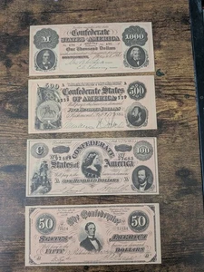 Lot of 4 Confederate States of America Bills $50, $100, $500, 1000 - Picture 1 of 2