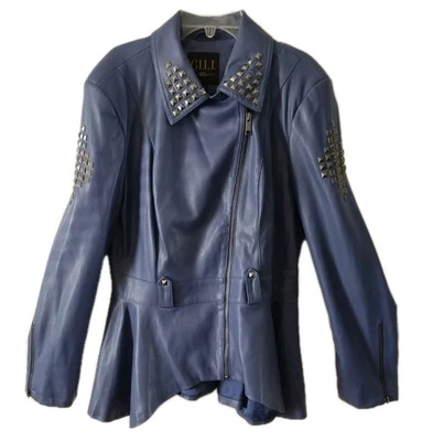 Chaqueta de moto G.I.L.I imitación cuero tachonada asimétrica para mujer 12 púrpura Foto 1 de 4