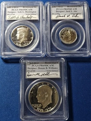 1976 Bicent 3PC SILVER PROOF SET 25C, 50C, $1, all PCGS PR69DCAM DESIGNER SIGNED - Image 1 of 2