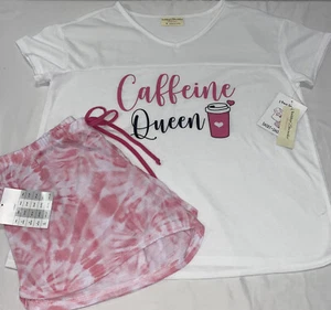 Women’s Pajama Shorts Set Size Small White Pink Tie Dye Coffee New - Picture 1 of 7