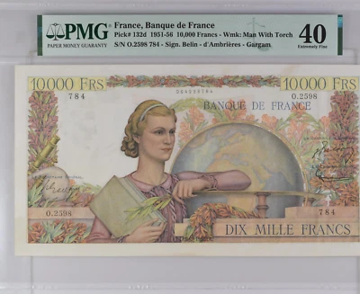 Banknote France 1952 10000 Francs Genie Francais PMG 40 P132 - Image 1 of 3
