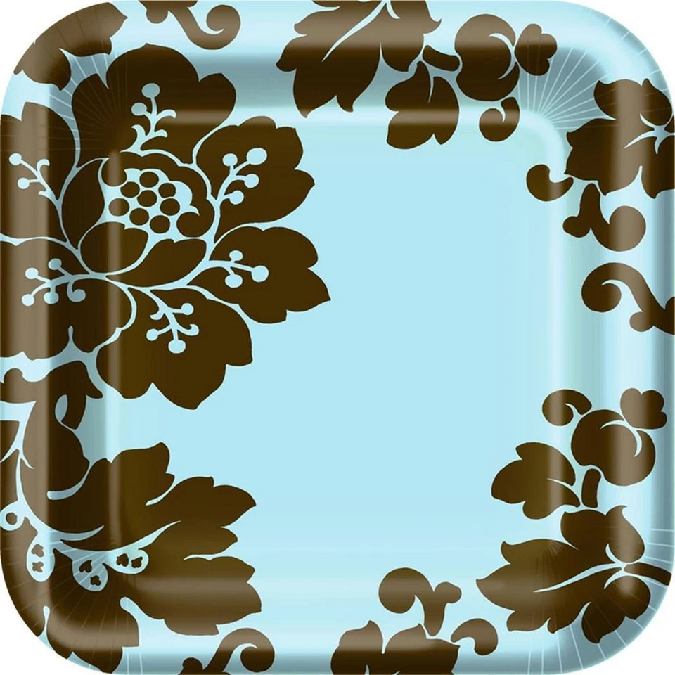 Platos de cena de papel cuadrados de 9" para fiesta temática de jardín con flores con patrón floral damasco Foto 1 de 1