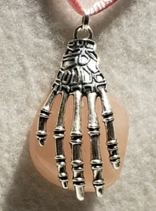 Skeleton Hand w/Pink Polished Stone Pendant Satin Cord Necklace w/Lobster Clasp - Picture 1 of 6