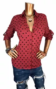 Express Portofino M Slim Top Polka Dots Logo Button Up Shirt Long Burgundy Black - Picture 1 of 11