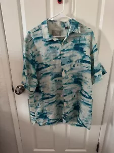 Camicia vintage Margaritaville uomo XL blu hawaiana stampa all over bottoni usata in ottime condizioni - Foto 1 di 3