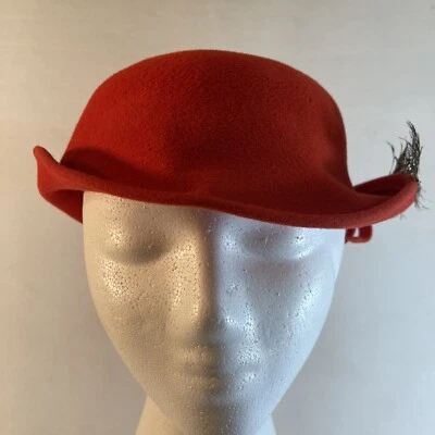 VTG Ernie Orange Felt Cloche Hat w/ Feather Rolled Brim Women’s Theater Costume - Image 1 of 4