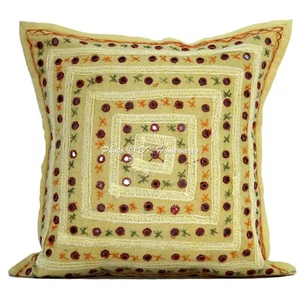 Funda de almohada de algodón bordada de encaje étnico 16x16 en espejado decorativo - Imagen 1 de 5
