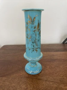 Antique Opaline Glass Vase Hand Painted Turquoise Blue Gold Floral 7” Estate Fi - Picture 1 of 14